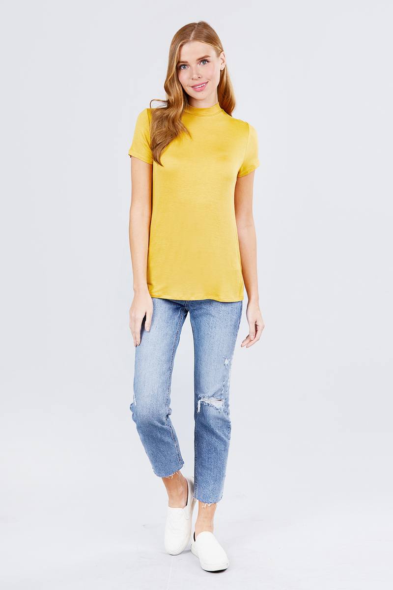 Women's Short Sleeve Mock Neck T-Shirt Rayon Soft Rib Top Tee - Cream Yellow