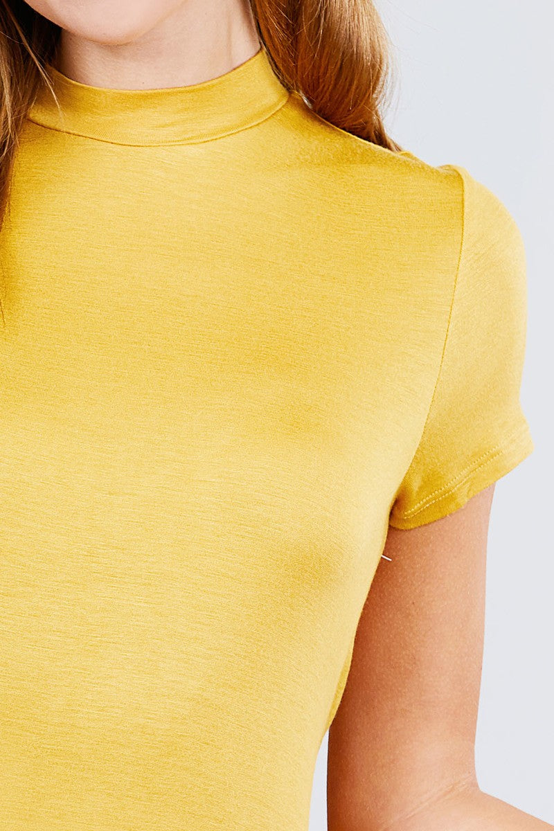 Women's Short Sleeve Mock Neck T-Shirt Rayon Soft Rib Top Tee - Cream Yellow