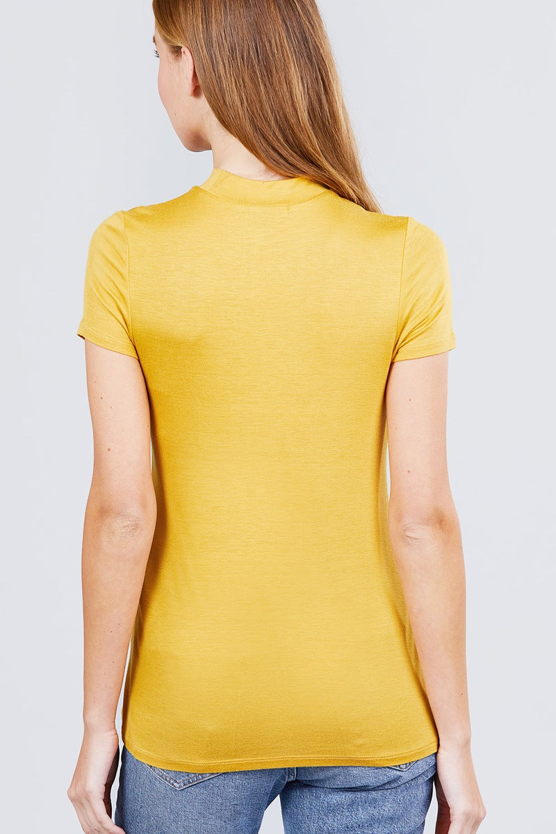 Women's Short Sleeve Mock Neck T-Shirt Rayon Soft Rib Top Tee - Cream Yellow