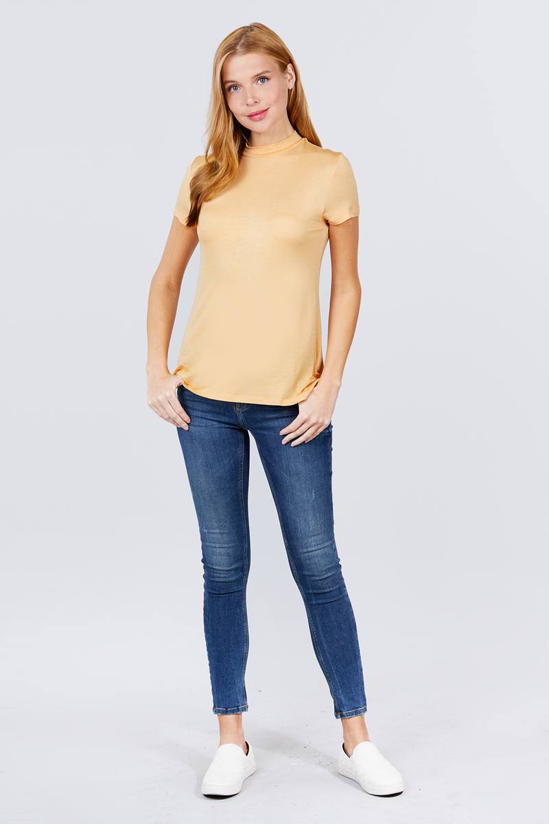 Women's Short Sleeve Mock Neck T-Shirt Rayon Soft Rib Top Tee - Pearl Yellow