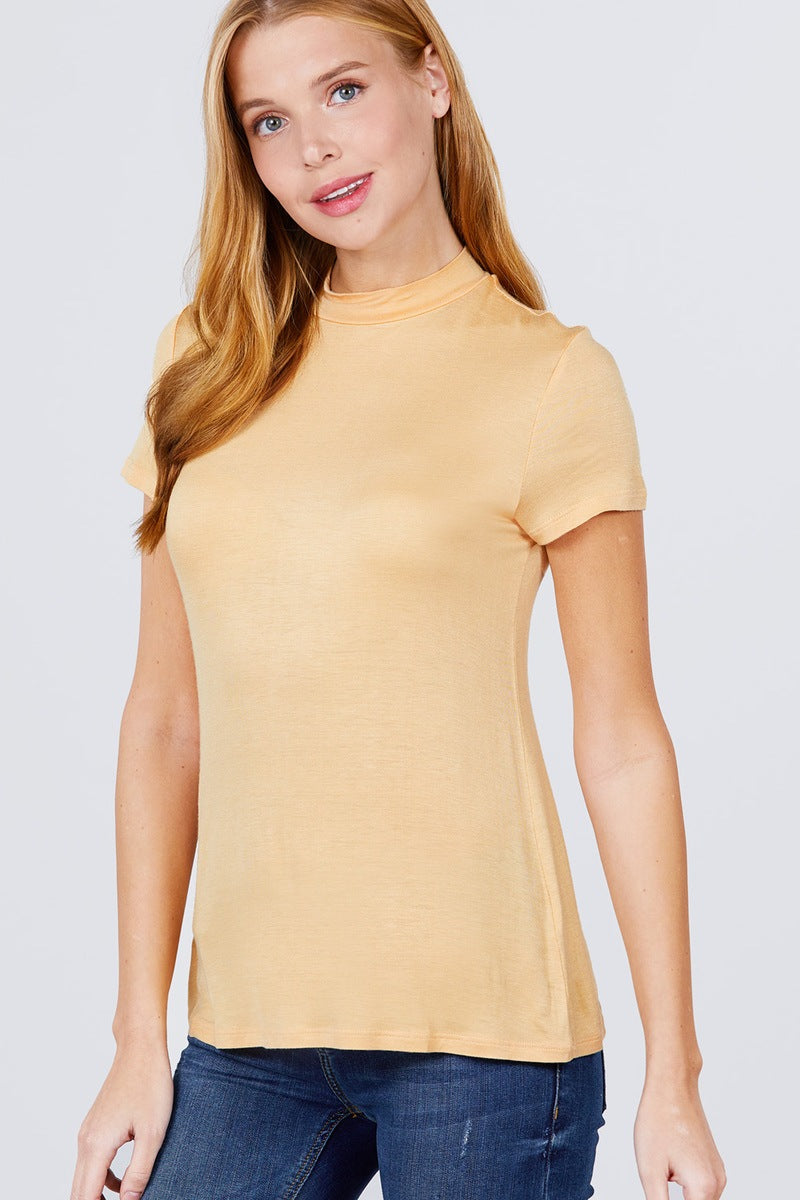 Women's Short Sleeve Mock Neck T-Shirt Rayon Soft Rib Top Tee - Pearl Yellow
