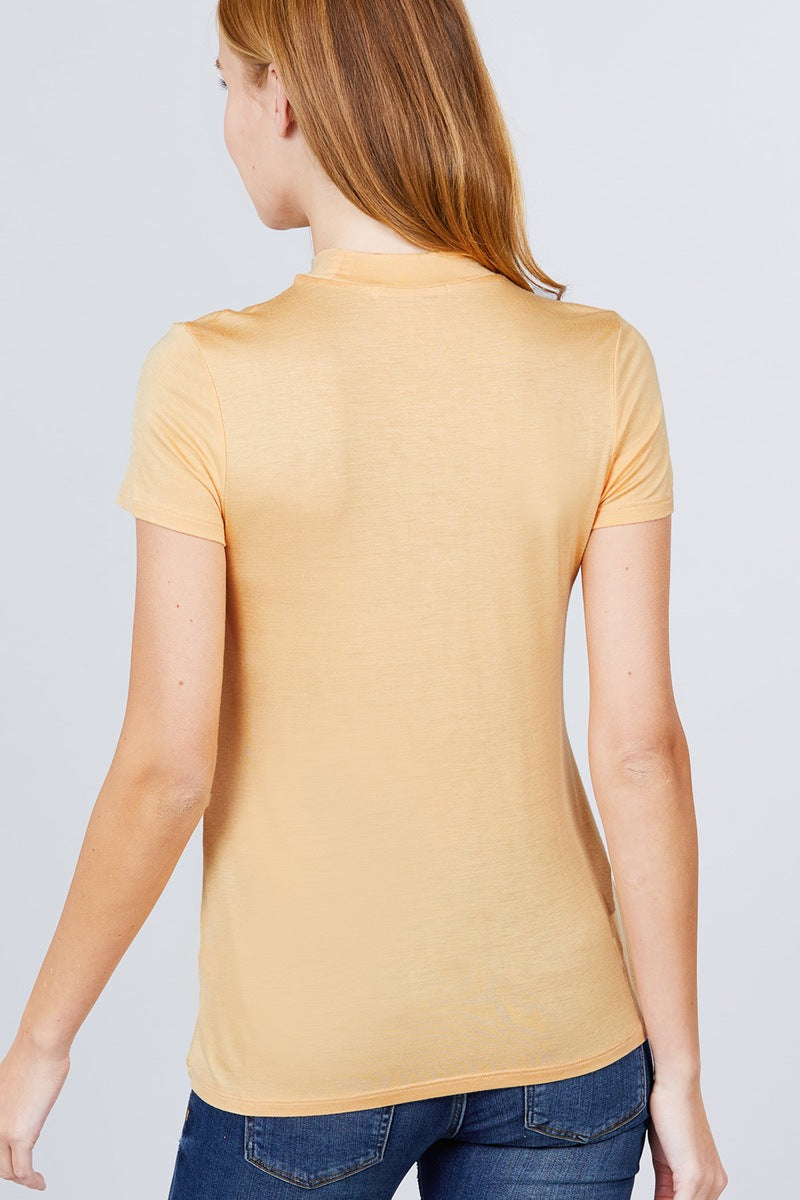 Women's Short Sleeve Mock Neck T-Shirt Rayon Soft Rib Top Tee - Pearl Yellow