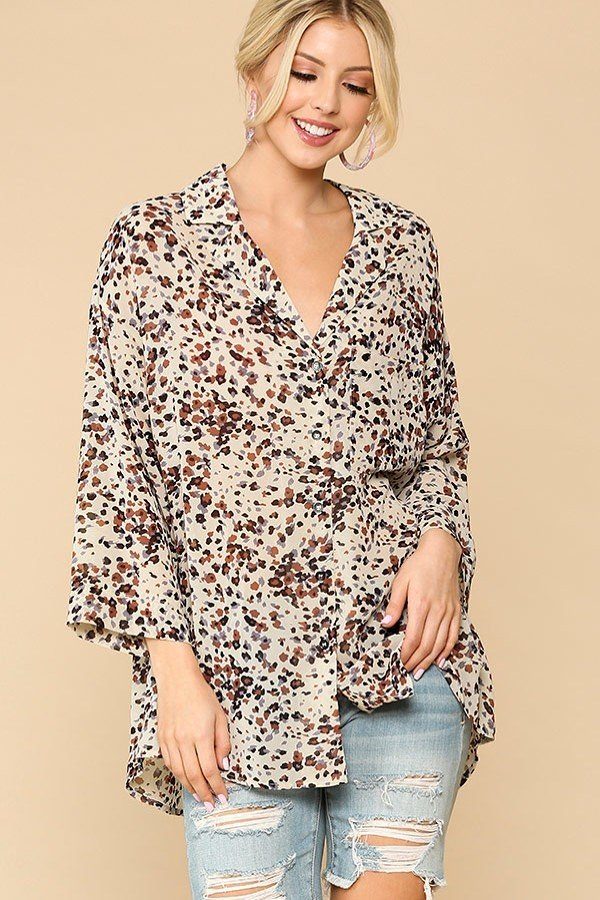 Women Split V-Neck Collar Shirt Blouse Animal Print Button Down Lapel Top Pocket