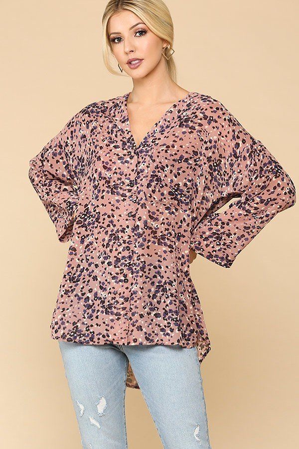 Women Split V-Neck Collar Shirt Blouse Animal Print Button Down Lapel Top Pocket