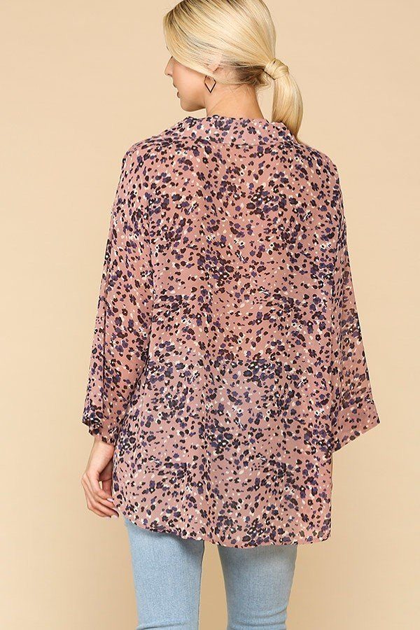 Women Split V-Neck Collar Shirt Blouse Animal Print Button Down Lapel Top Pocket