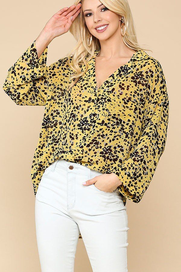Women Split V-Neck Collar Shirt Blouse Animal Print Button Down Lapel Top Pocket