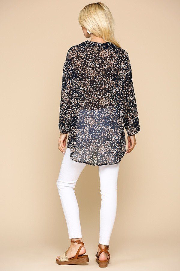 Women Split V-Neck Collar Shirt Blouse Animal Print Button Down Lapel Top Pocket