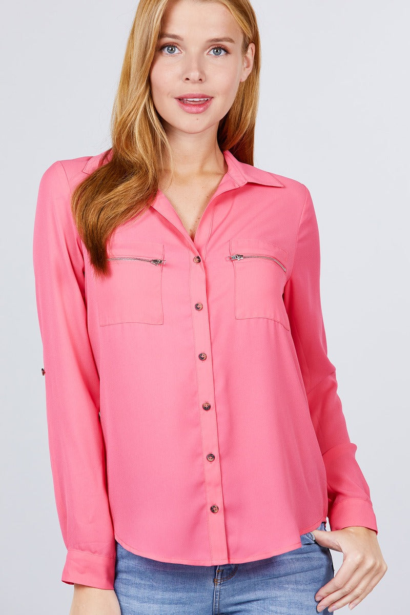 Women's Collared Shirt 3/4 Roll Up Sleeve Pocket Zipper Woven Blouse Top