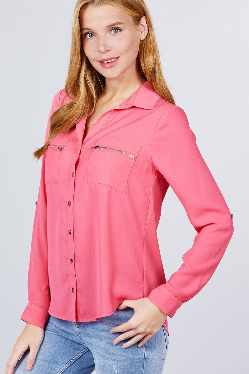 Women's Collared Shirt 3/4 Roll Up Sleeve Pocket Zipper Woven Blouse Top