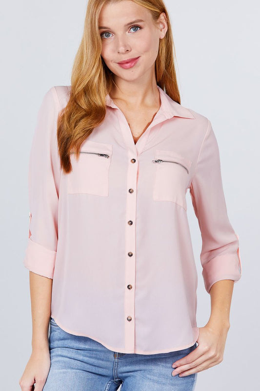 Women's Collared Shirt 3/4 Roll Up Sleeve Pocket Zipper Woven Blouse Top