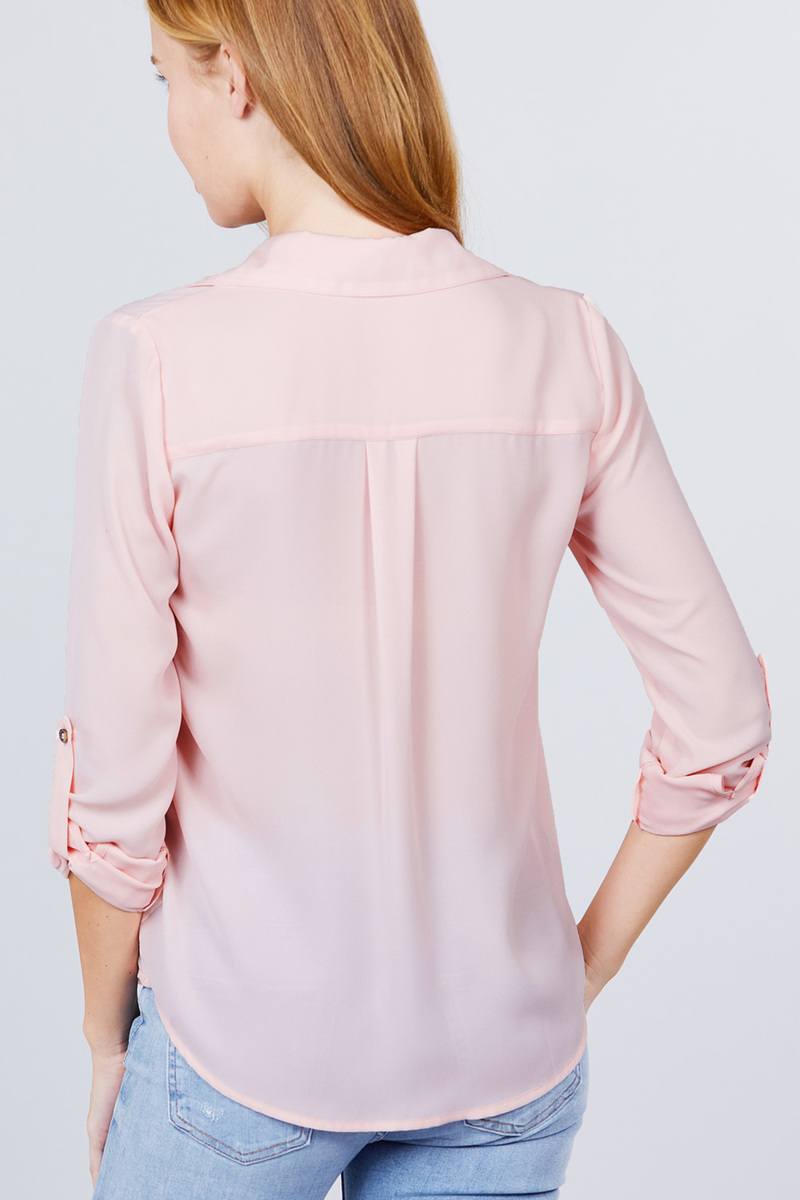 Women's Collared Shirt 3/4 Roll Up Sleeve Pocket Zipper Woven Blouse Top