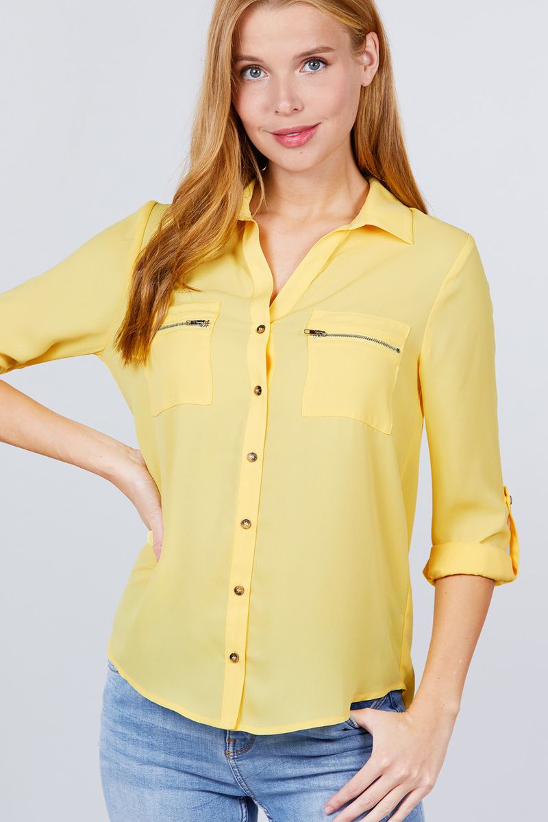 Women's Collared Shirt 3/4 Roll Up Sleeve Pocket Zipper Woven Blouse Top