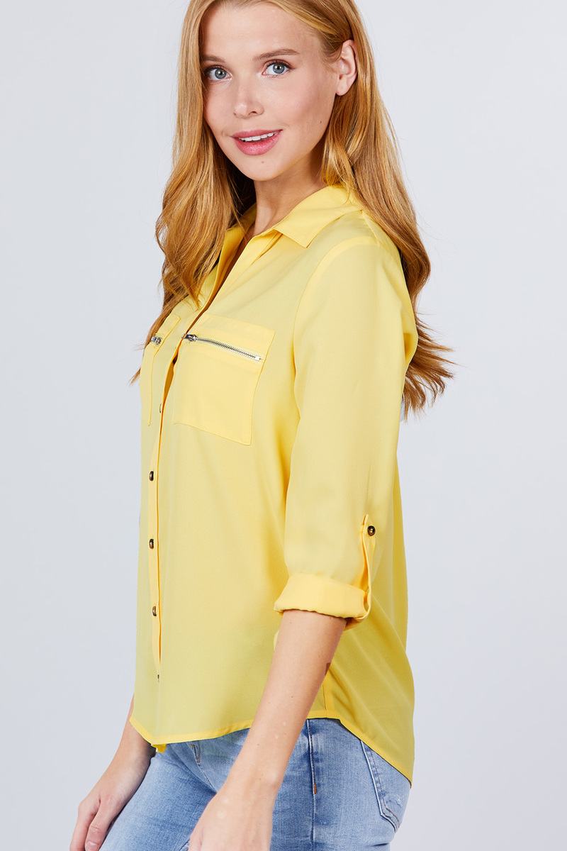 Women's Collared Shirt 3/4 Roll Up Sleeve Pocket Zipper Woven Blouse Top