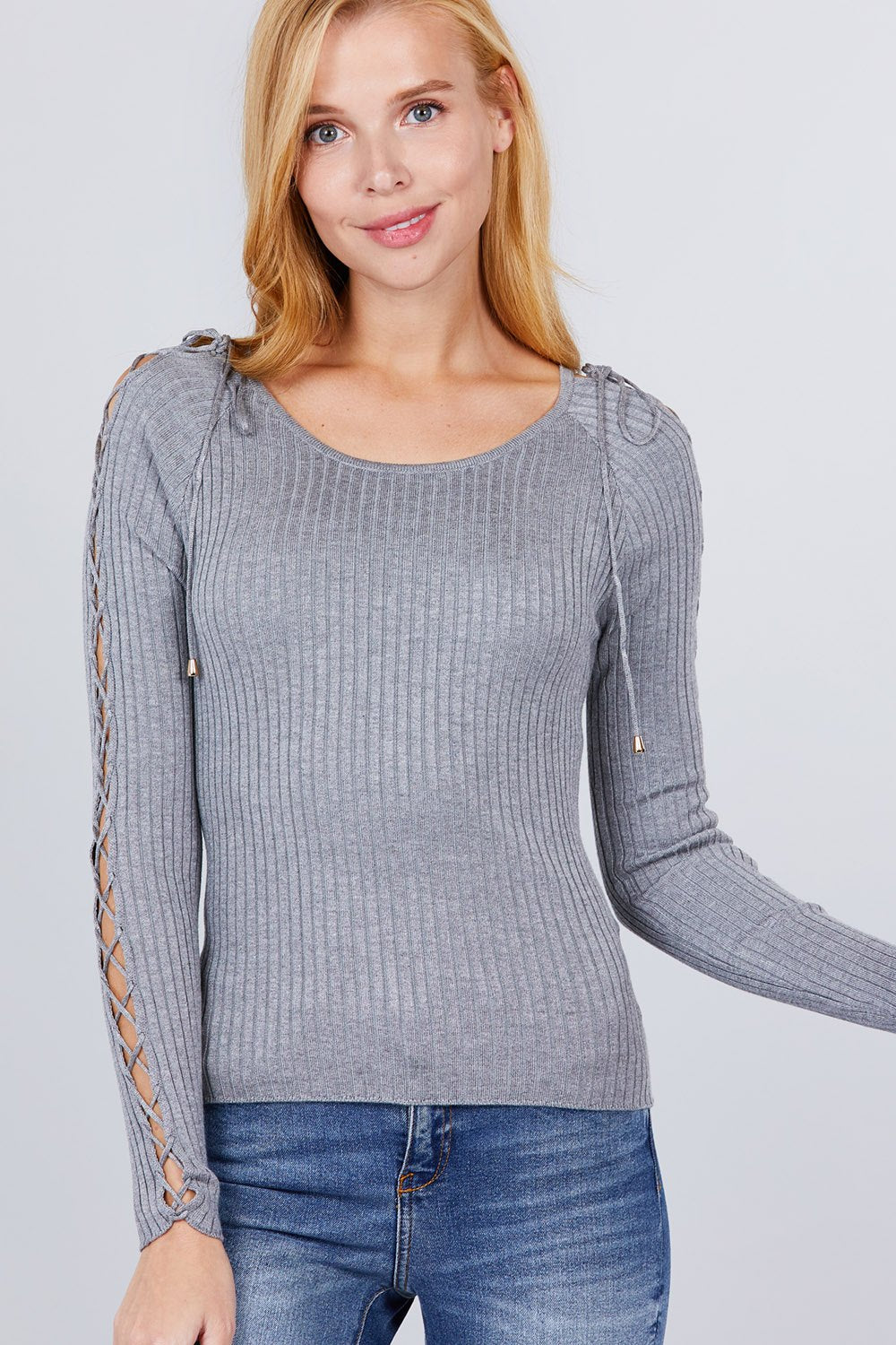 Women's Round Neck Strappy Long Sleeve Rib Rayon Knit Sweater