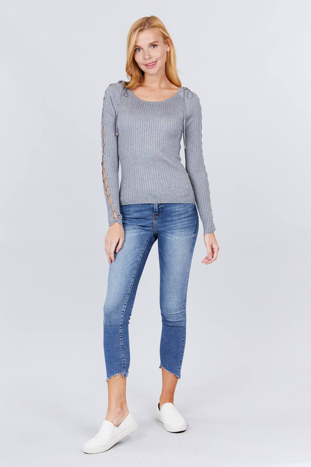 Women's Round Neck Strappy Long Sleeve Rib Rayon Knit Sweater
