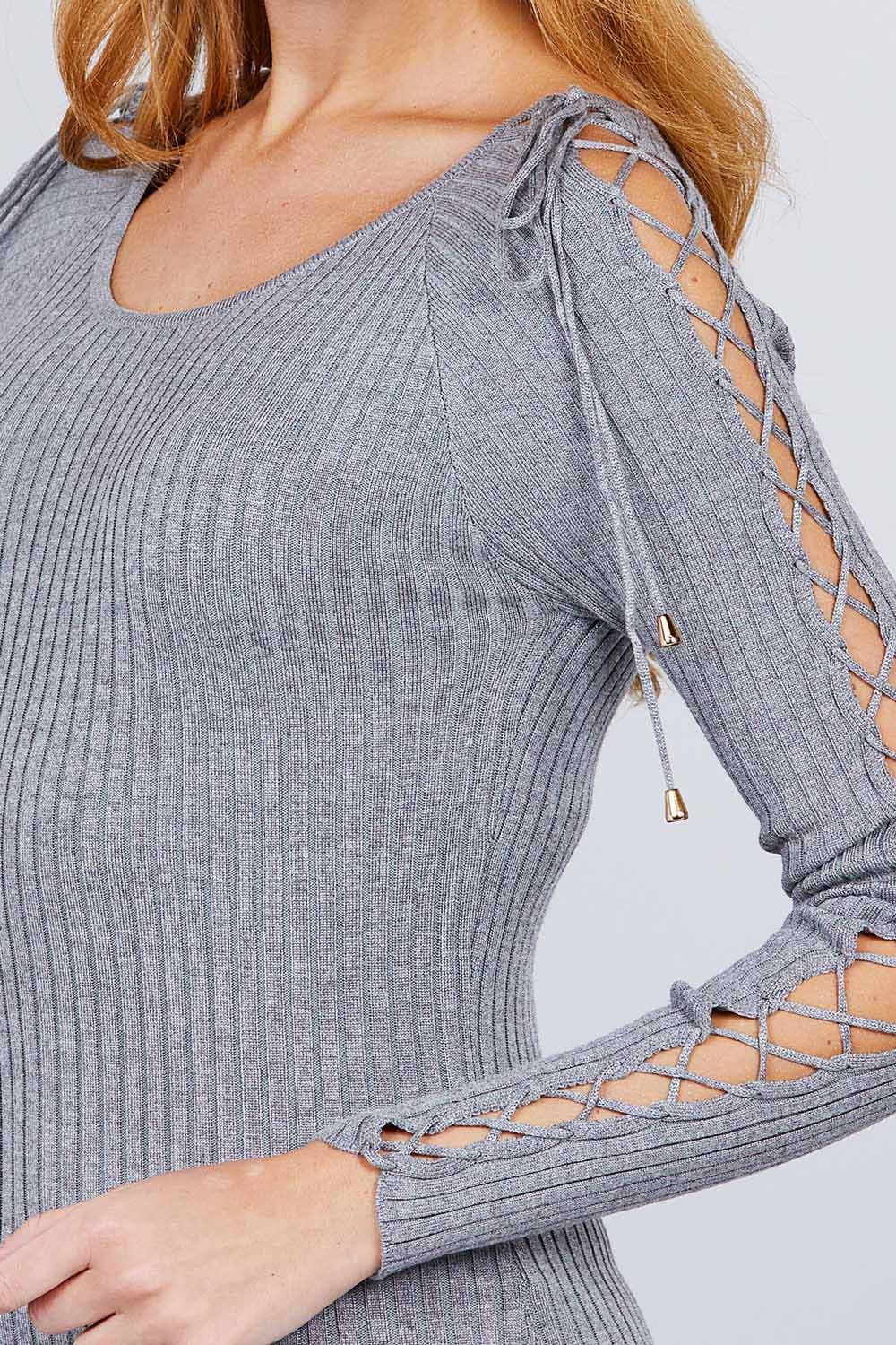 Women's Round Neck Strappy Long Sleeve Rib Rayon Knit Sweater