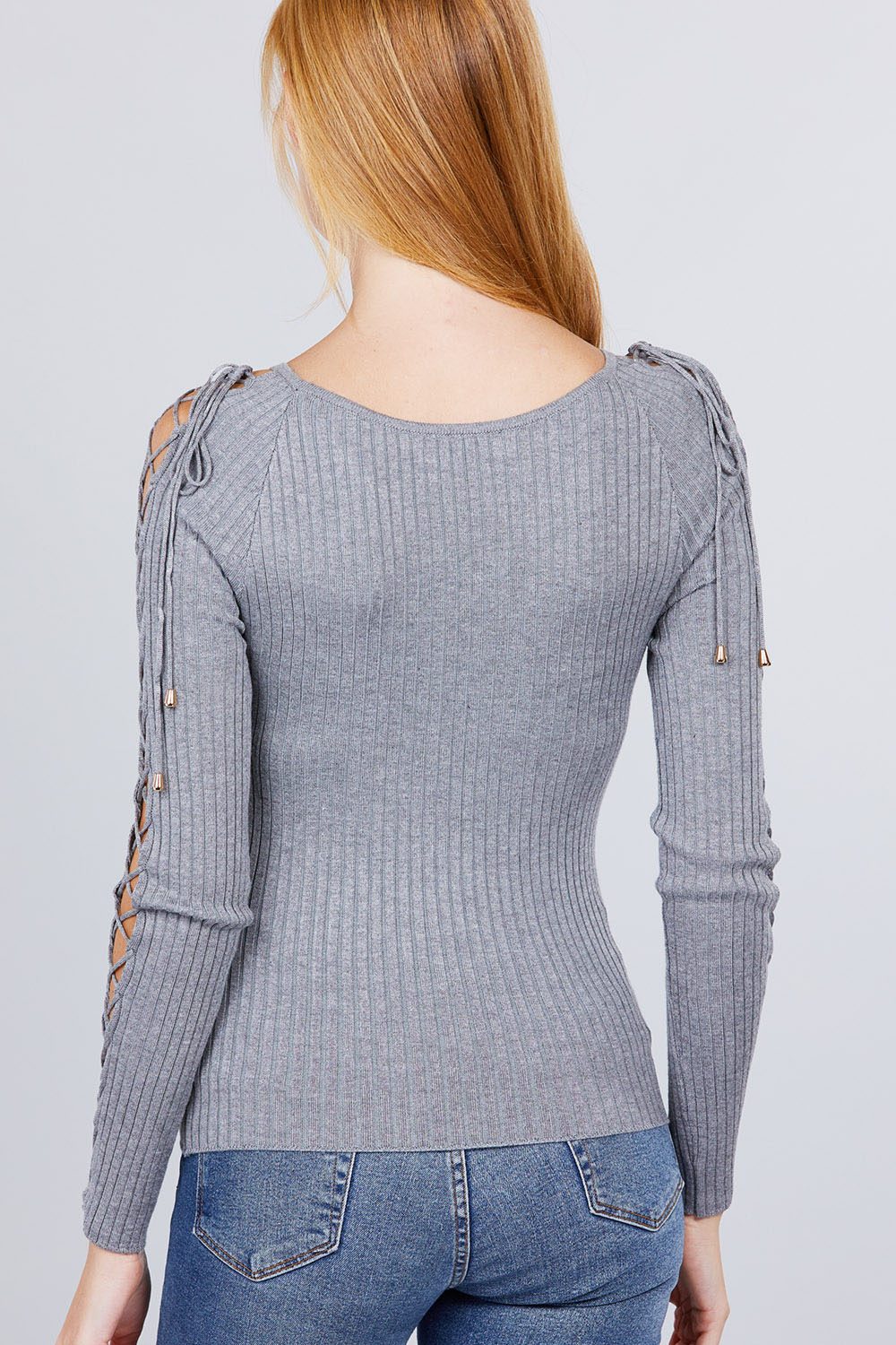 Women's Round Neck Strappy Long Sleeve Rib Rayon Knit Sweater