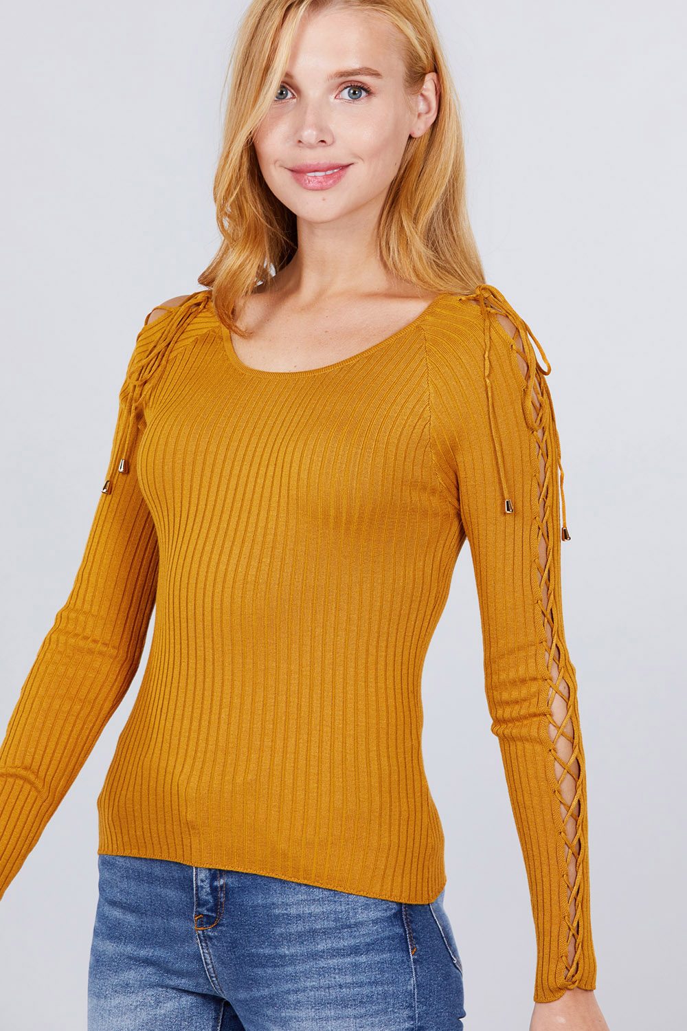 Women's Round Neck Strappy Long Sleeve Rib Rayon Knit Sweater
