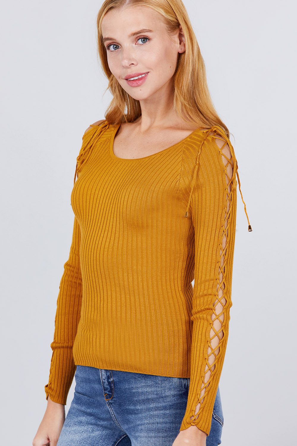 Women's Round Neck Strappy Long Sleeve Rib Rayon Knit Sweater