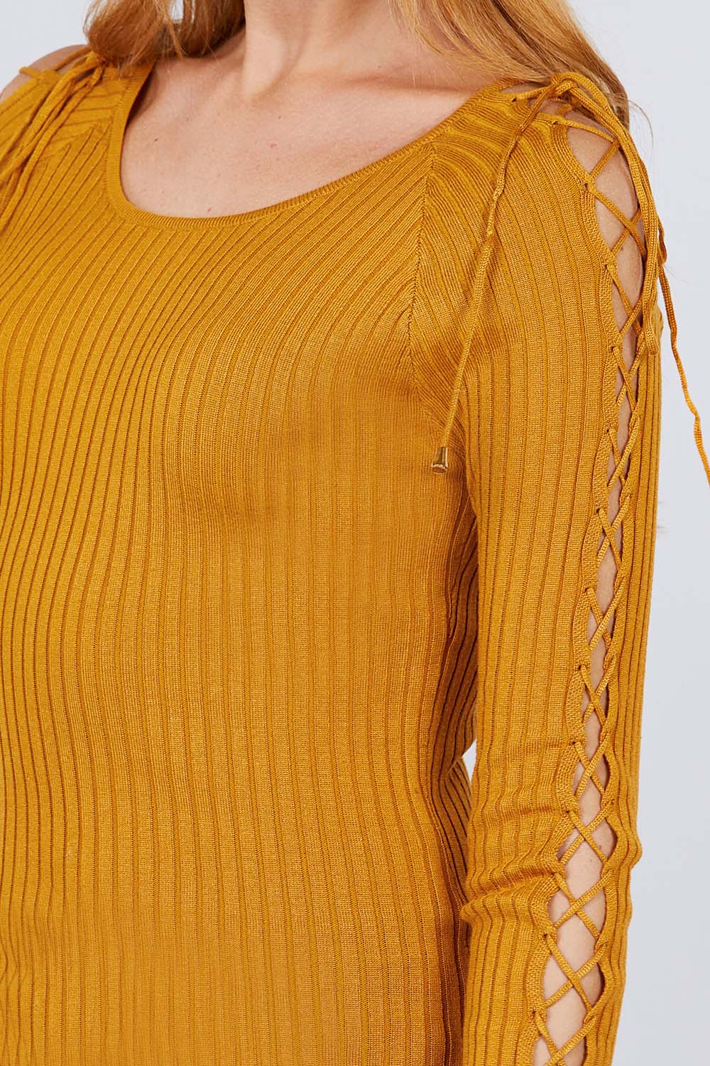 Women's Round Neck Strappy Long Sleeve Rib Rayon Knit Sweater