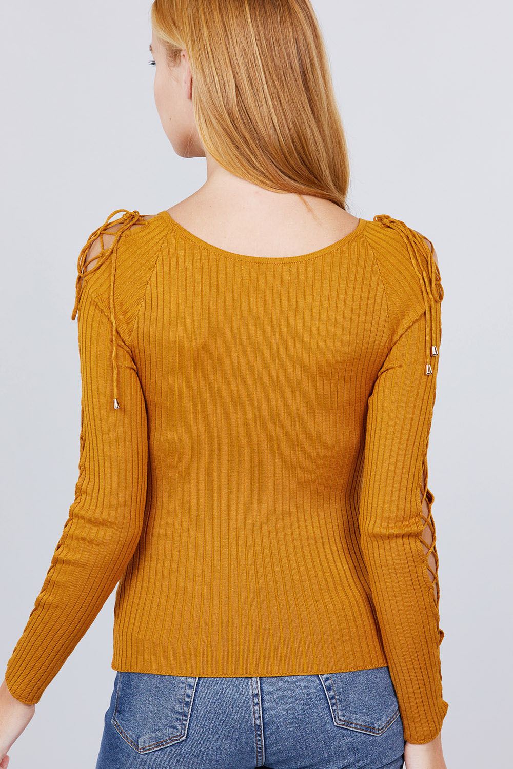 Women's Round Neck Strappy Long Sleeve Rib Rayon Knit Sweater