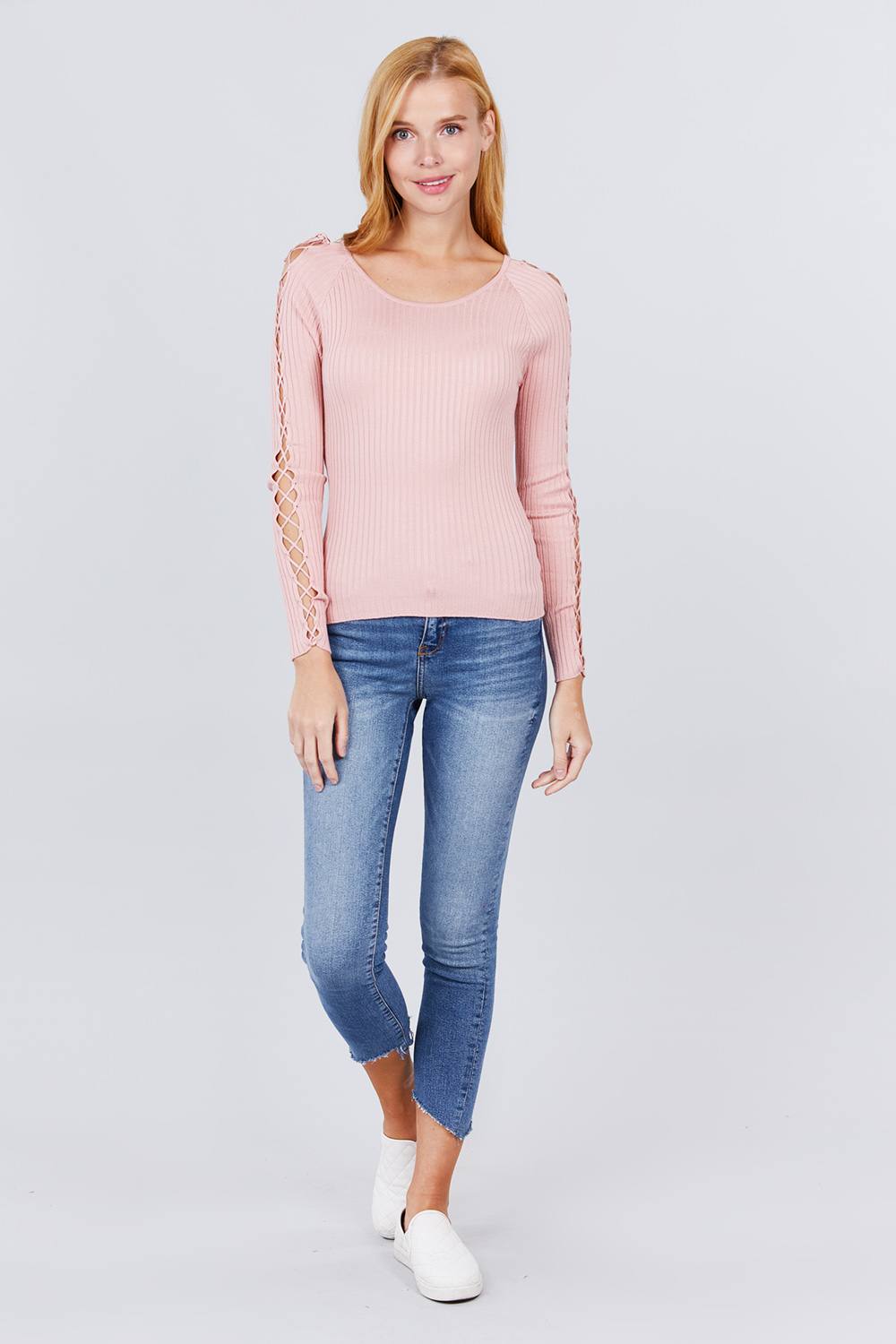 Women's Round Neck Strappy Long Sleeve Rib Rayon Knit Sweater