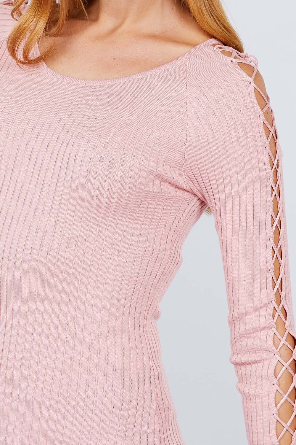Women's Round Neck Strappy Long Sleeve Rib Rayon Knit Sweater