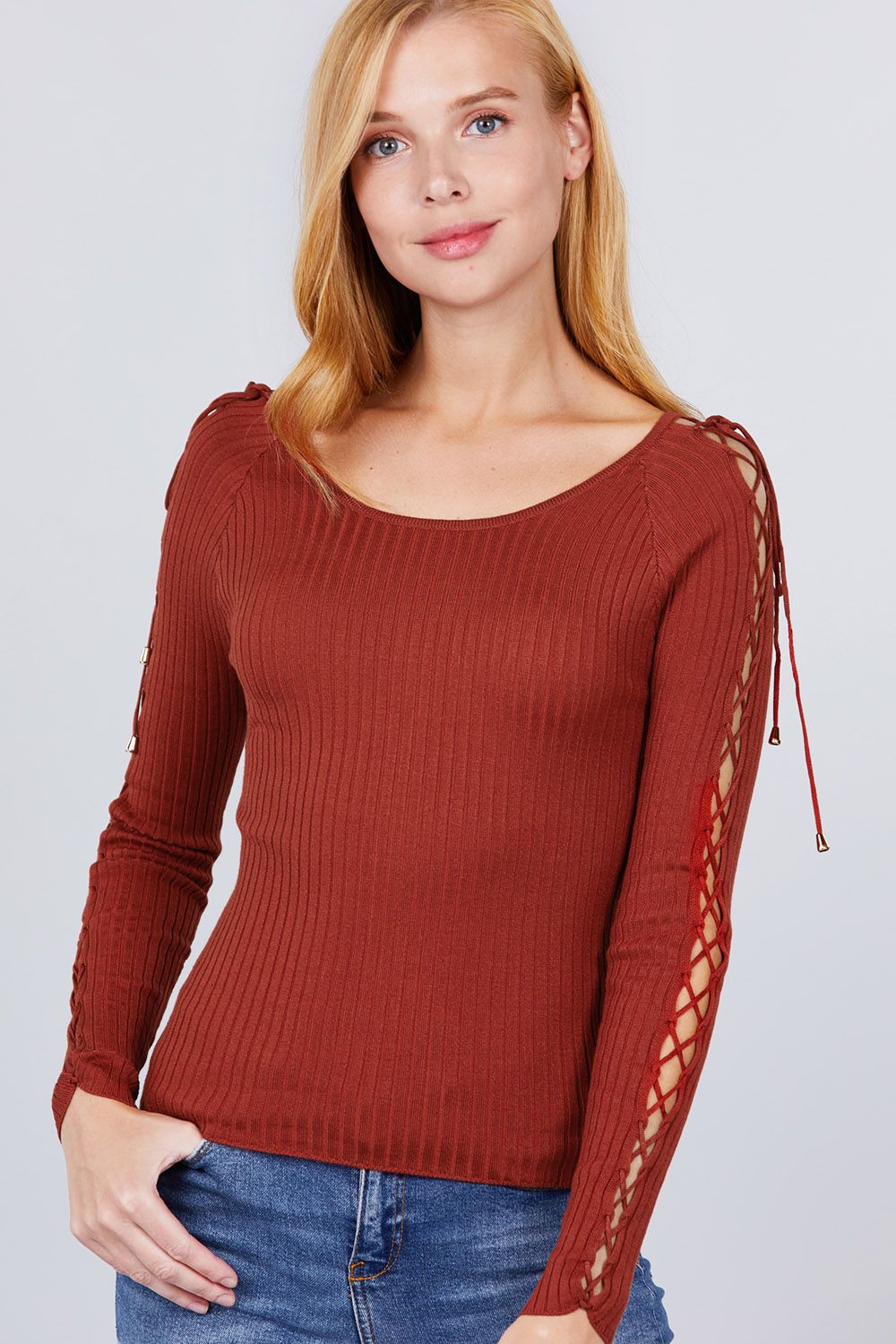 Women's Round Neck Strappy Long Sleeve Rib Rayon Knit Sweater