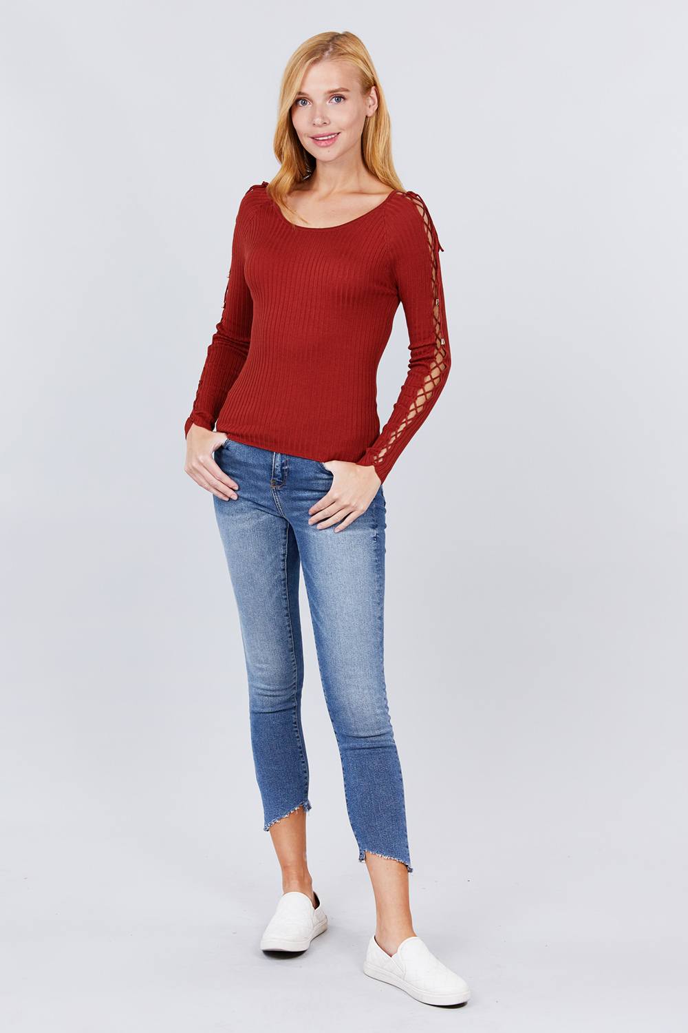 Women's Round Neck Strappy Long Sleeve Rib Rayon Knit Sweater