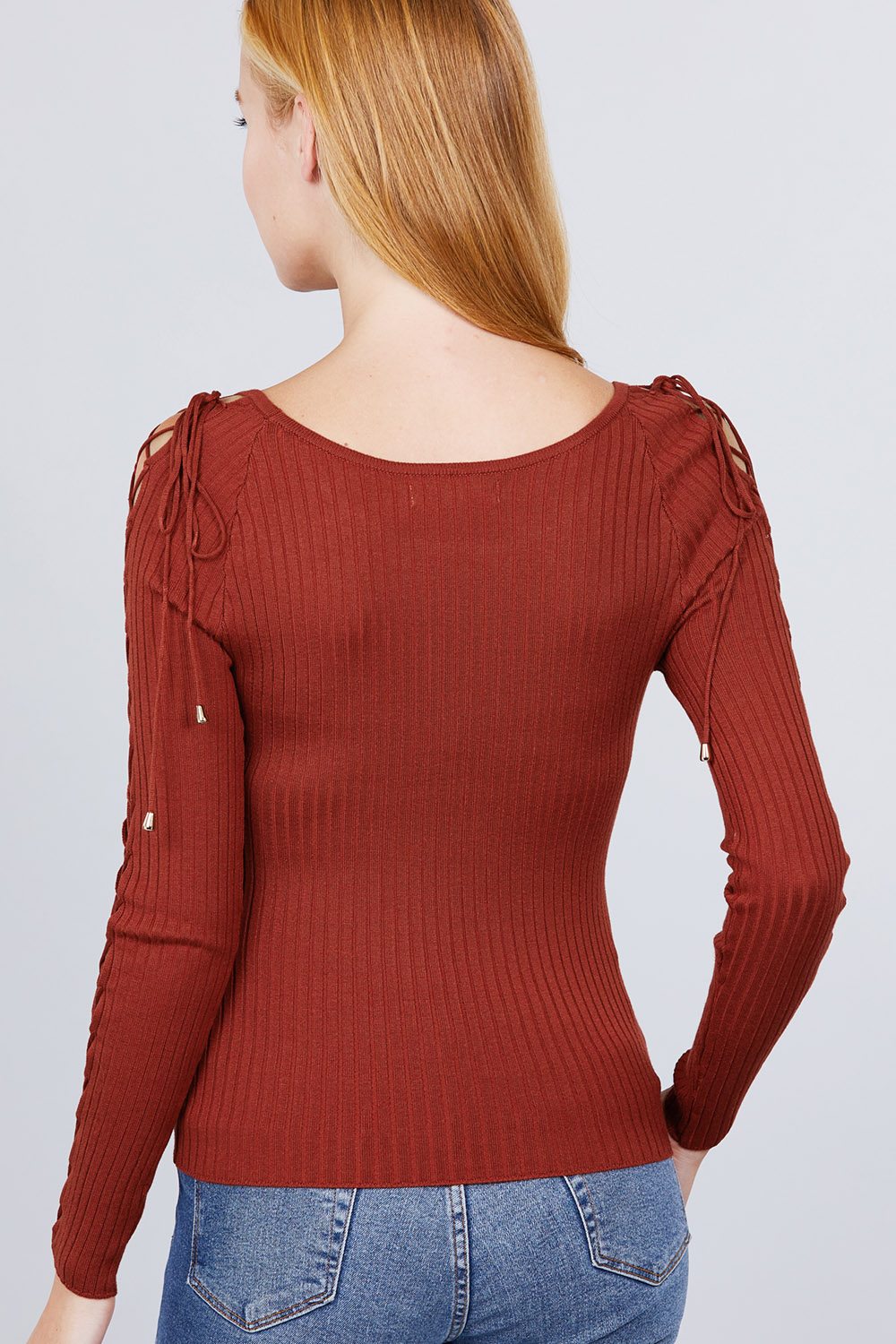 Women's Round Neck Strappy Long Sleeve Rib Rayon Knit Sweater