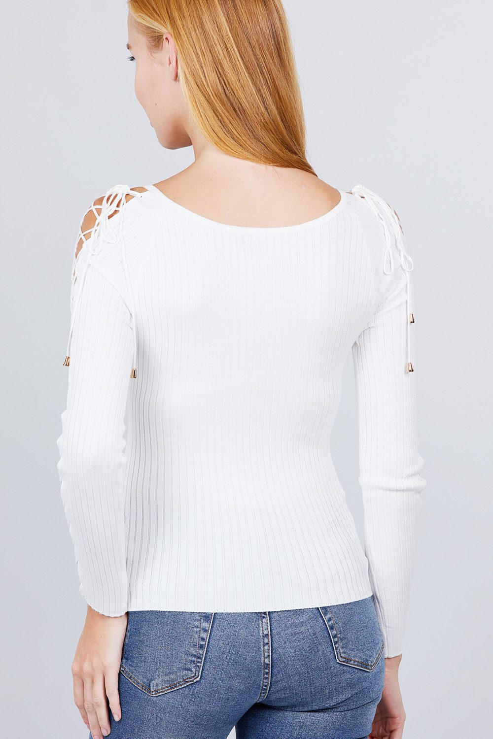 Women's Round Neck Strappy Long Sleeve Rib Rayon Knit Sweater