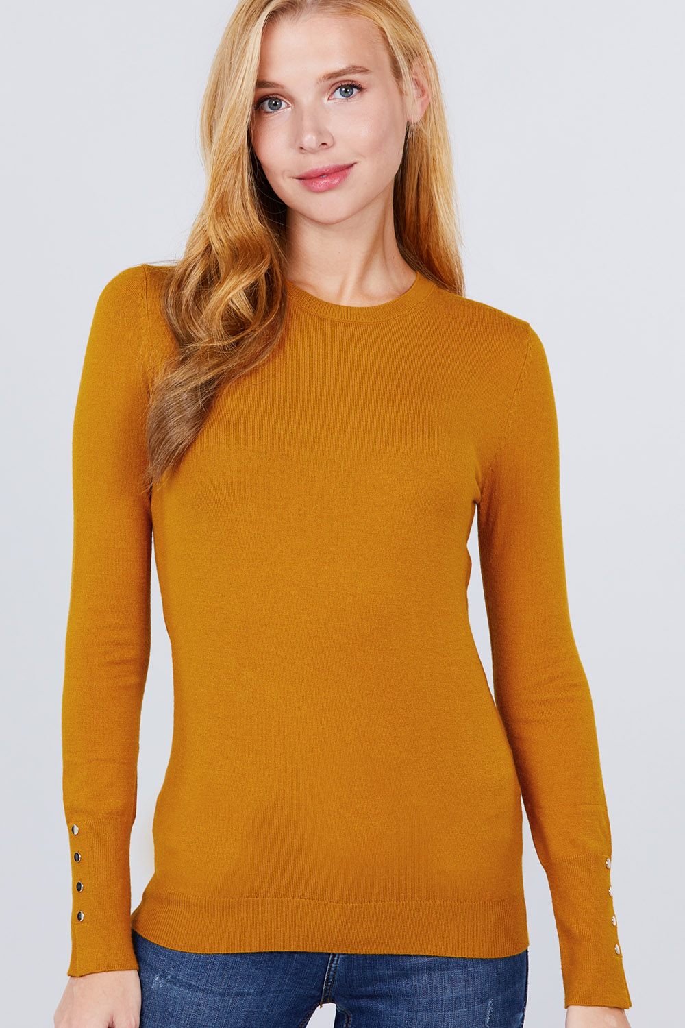 Women Crew Round Neck Long Sleeve Viscose Sweater Top Soft Rivet Button