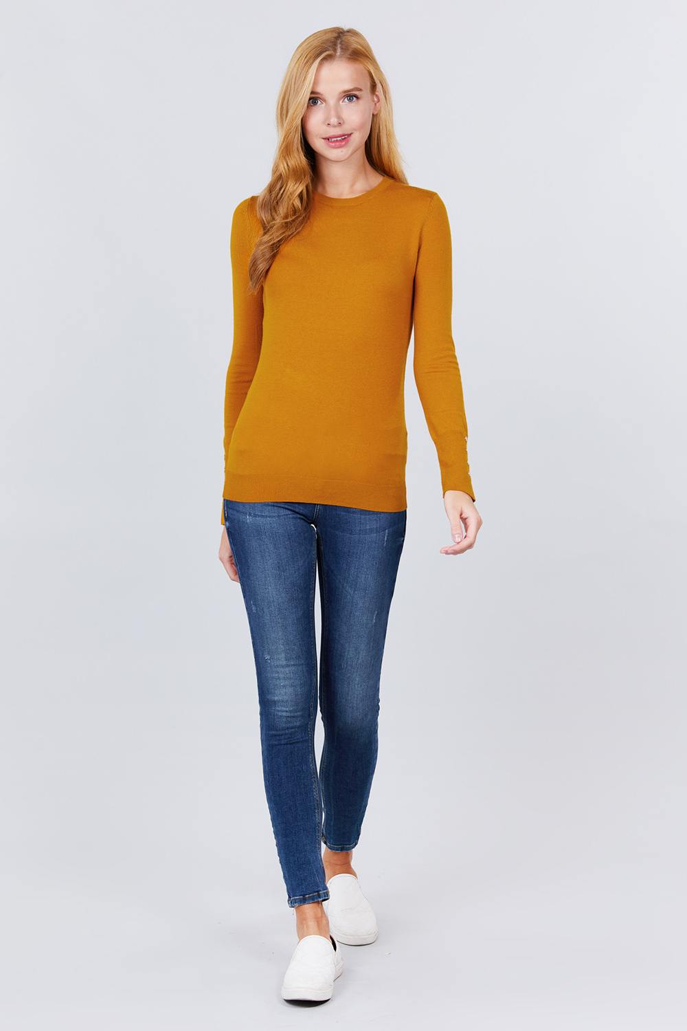 Women Crew Round Neck Long Sleeve Viscose Sweater Top Soft Rivet Button