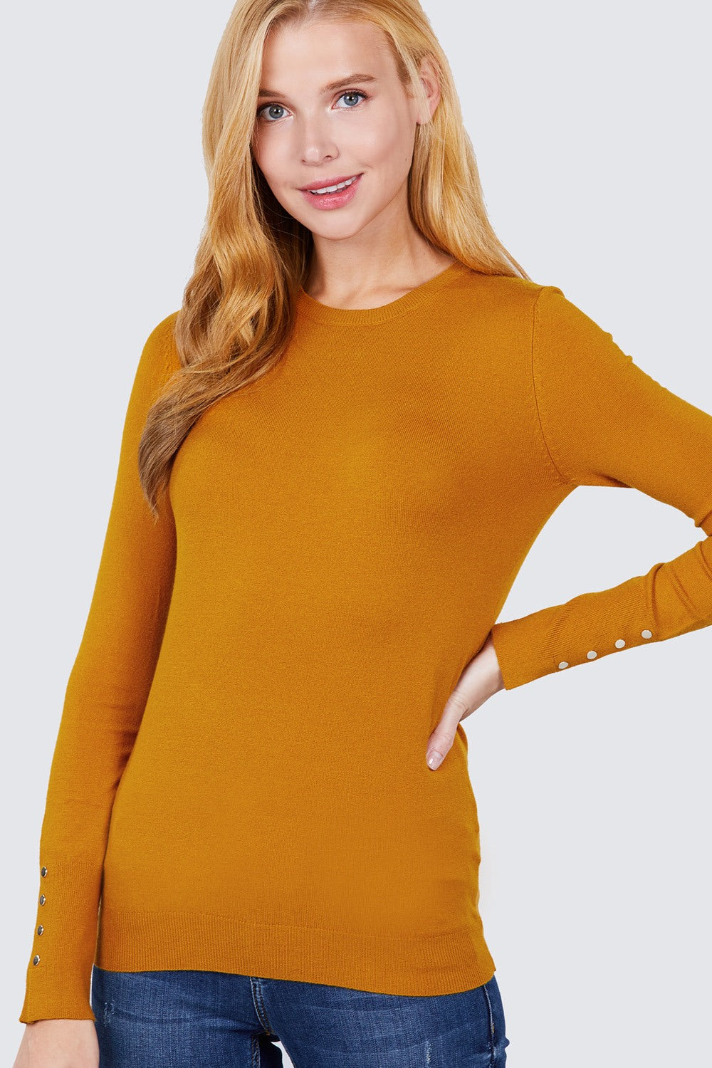 Women Crew Round Neck Long Sleeve Viscose Sweater Top Soft Rivet Button