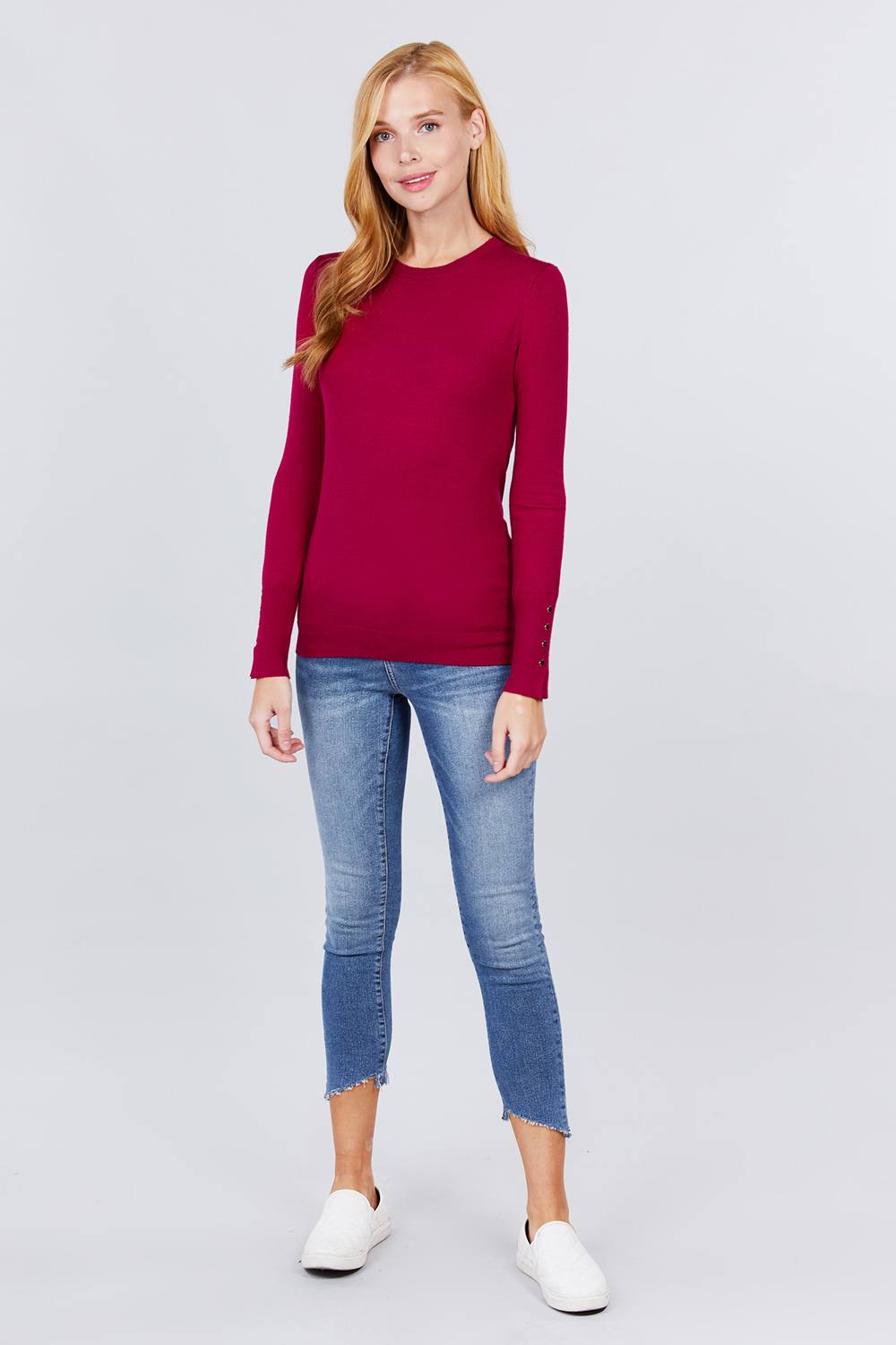 Women Crew Round Neck Long Sleeve Viscose Sweater Top Soft Rivet Button