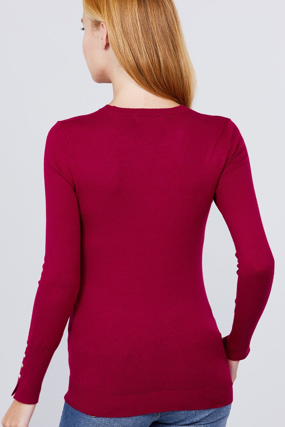 Women Crew Round Neck Long Sleeve Viscose Sweater Top Soft Rivet Button