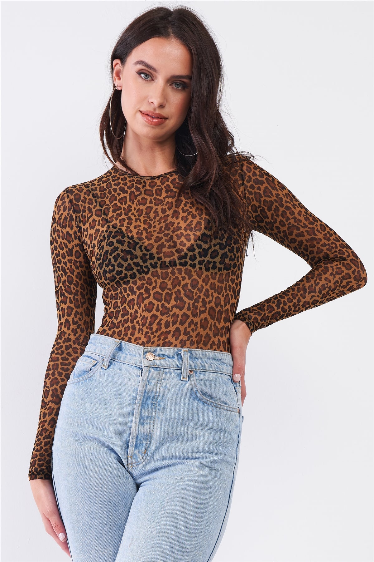 Women's Sexy Fine Fishnet Sheer Mesh Crew Neck Long Sleeve Bodysuit Leopard