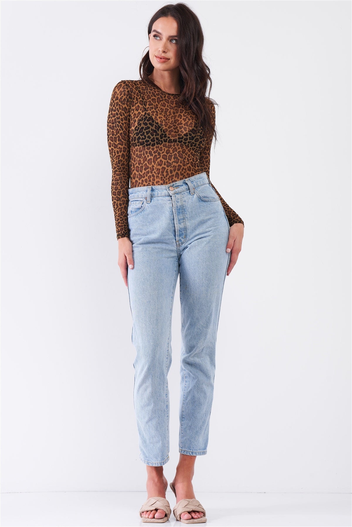 Women's Sexy Fine Fishnet Sheer Mesh Crew Neck Long Sleeve Bodysuit Leopard