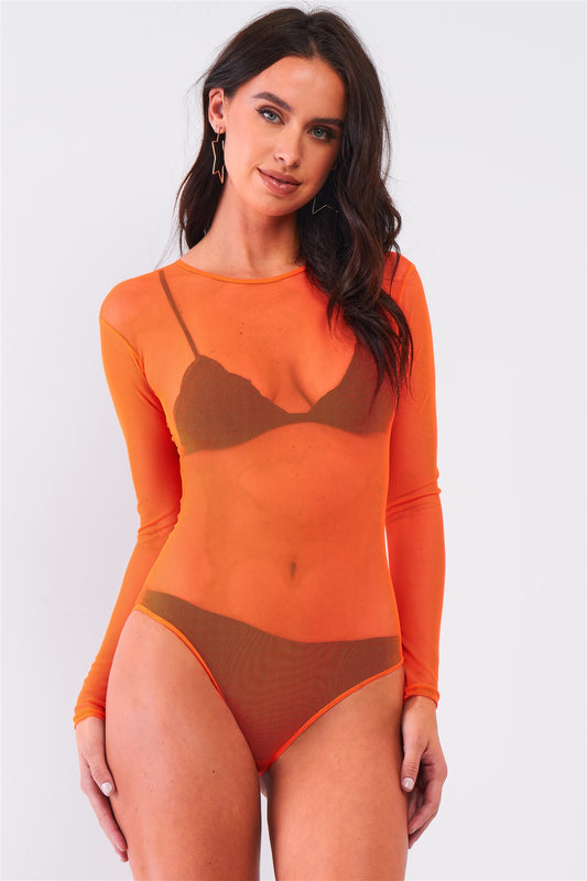Women's Sexy Fine Fishnet Sheer Mesh Crew Neck Long Sleeve Bodysuit Neon Orange