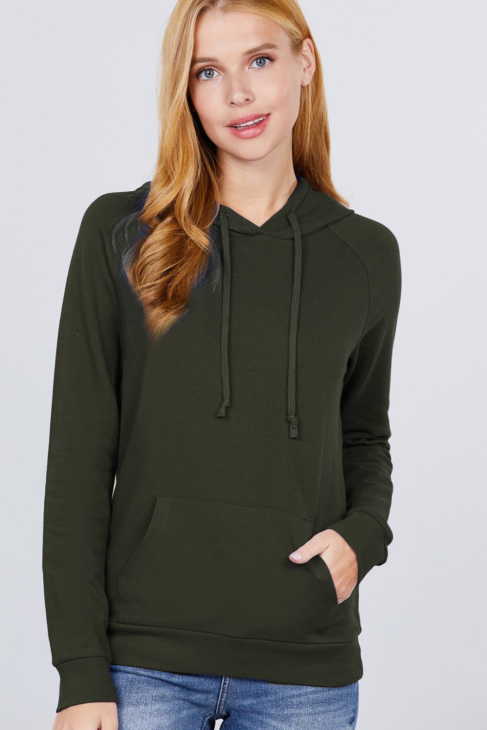 Women's French Terry Pullover Hoodie Sweatshirt Long Sleeve Pockets - Dark Olive