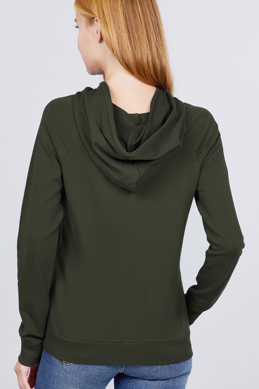 Women's French Terry Pullover Hoodie Sweatshirt Long Sleeve Pockets - Dark Olive