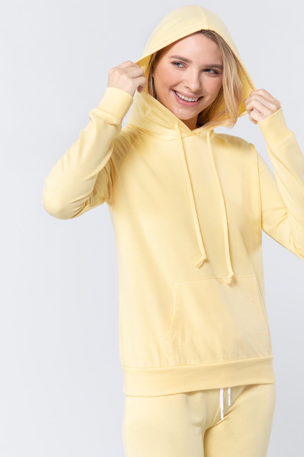 Women French Terry Pullover Hoodie Sweatshirt Long Sleeve Pockets - Light Yellow