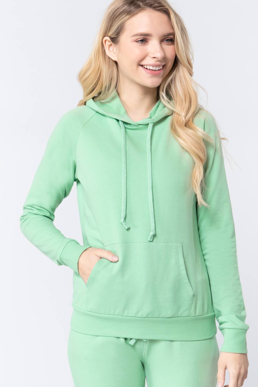 Women French Terry Pullover Hoodie Sweatshirt Long Sleeve Pockets - Light Green