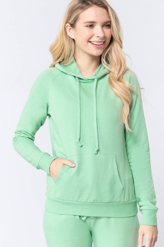 Women French Terry Pullover Hoodie Sweatshirt Long Sleeve Pockets - Light Green