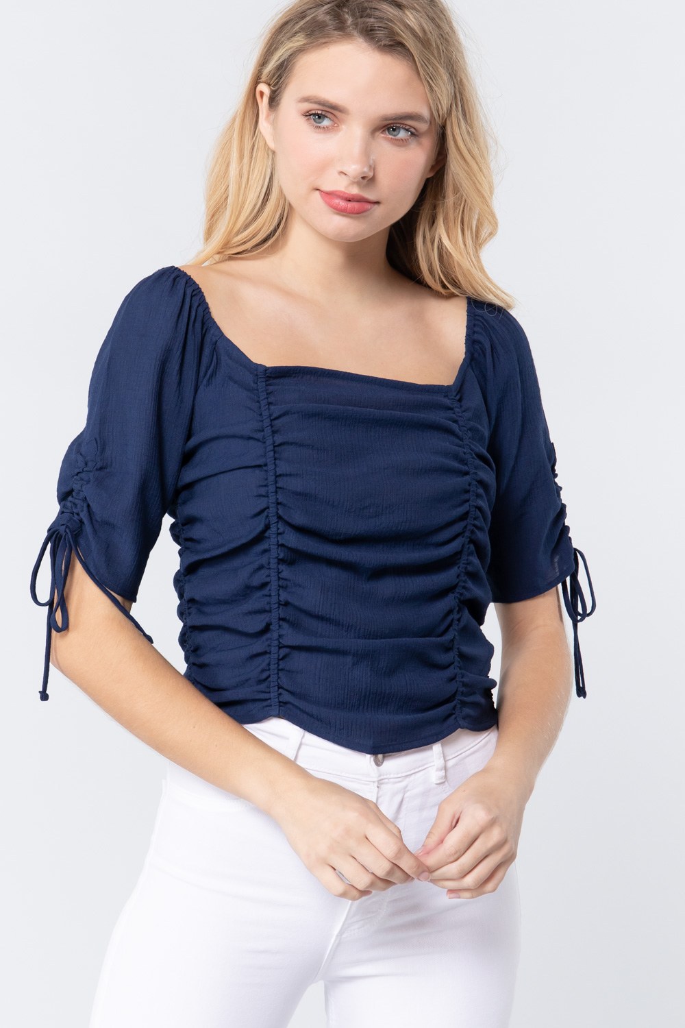 Women's Square Neck Woven Top Elbow Sleeves Smocked Ruched Soft Rayon Crop Shirt