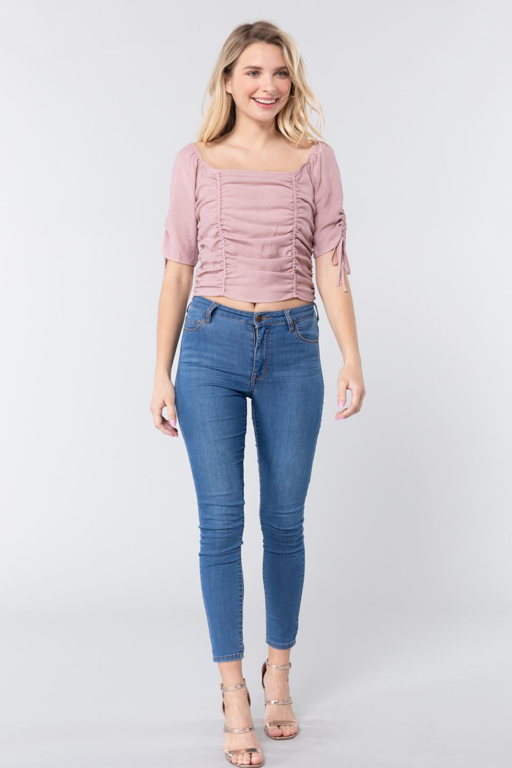 Women's Square Neck Woven Top Elbow Sleeves Smocked Ruched Soft Rayon Crop Shirt