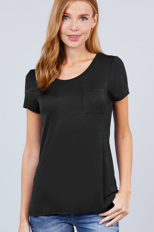Women's Short Sleeve Round Scoop Neck Top T-Shirt Tee Pocket - Black