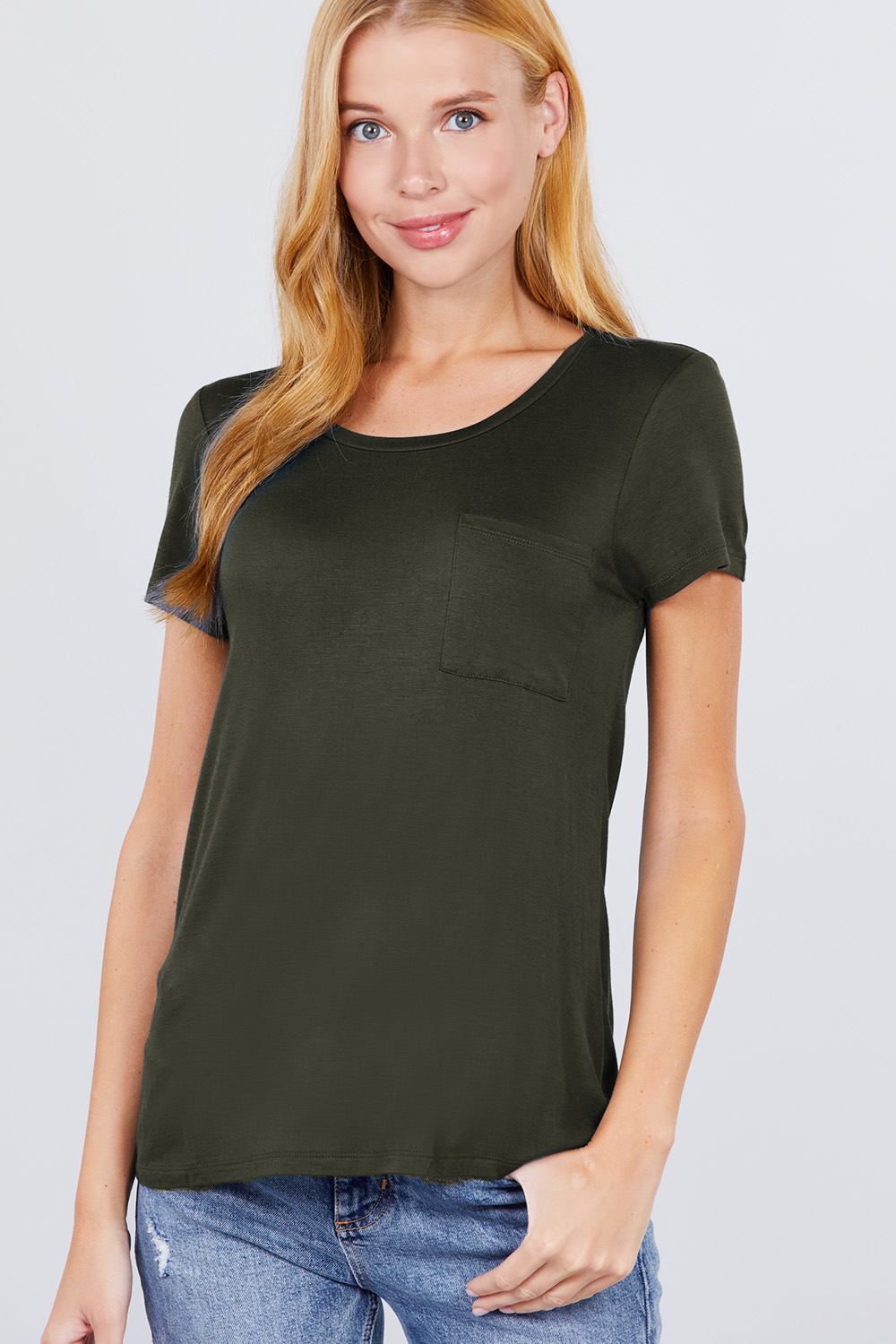 Women's Short Sleeve Round Scoop Neck Top T-Shirt Tee Pocket - Burnt Olive Green