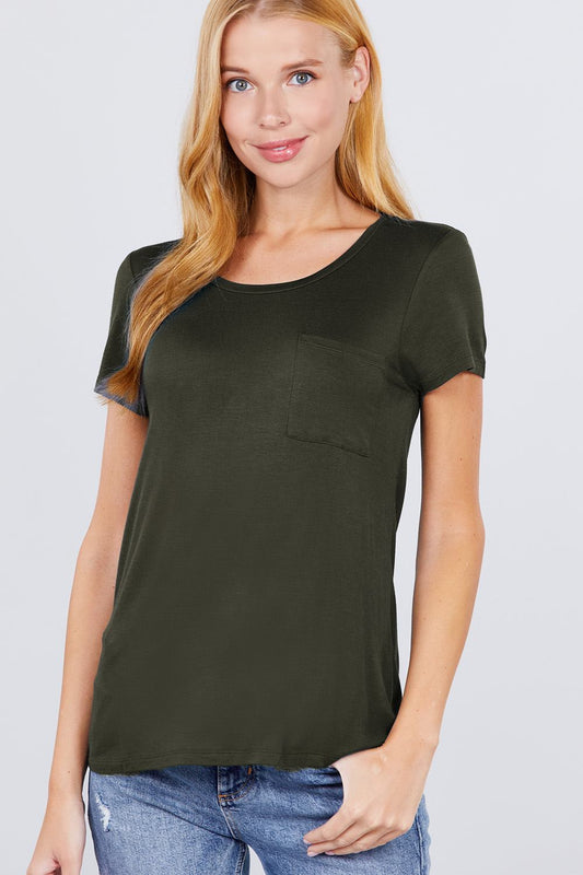 Women's Short Sleeve Round Scoop Neck Top T-Shirt Tee Pocket - Burnt Olive Green