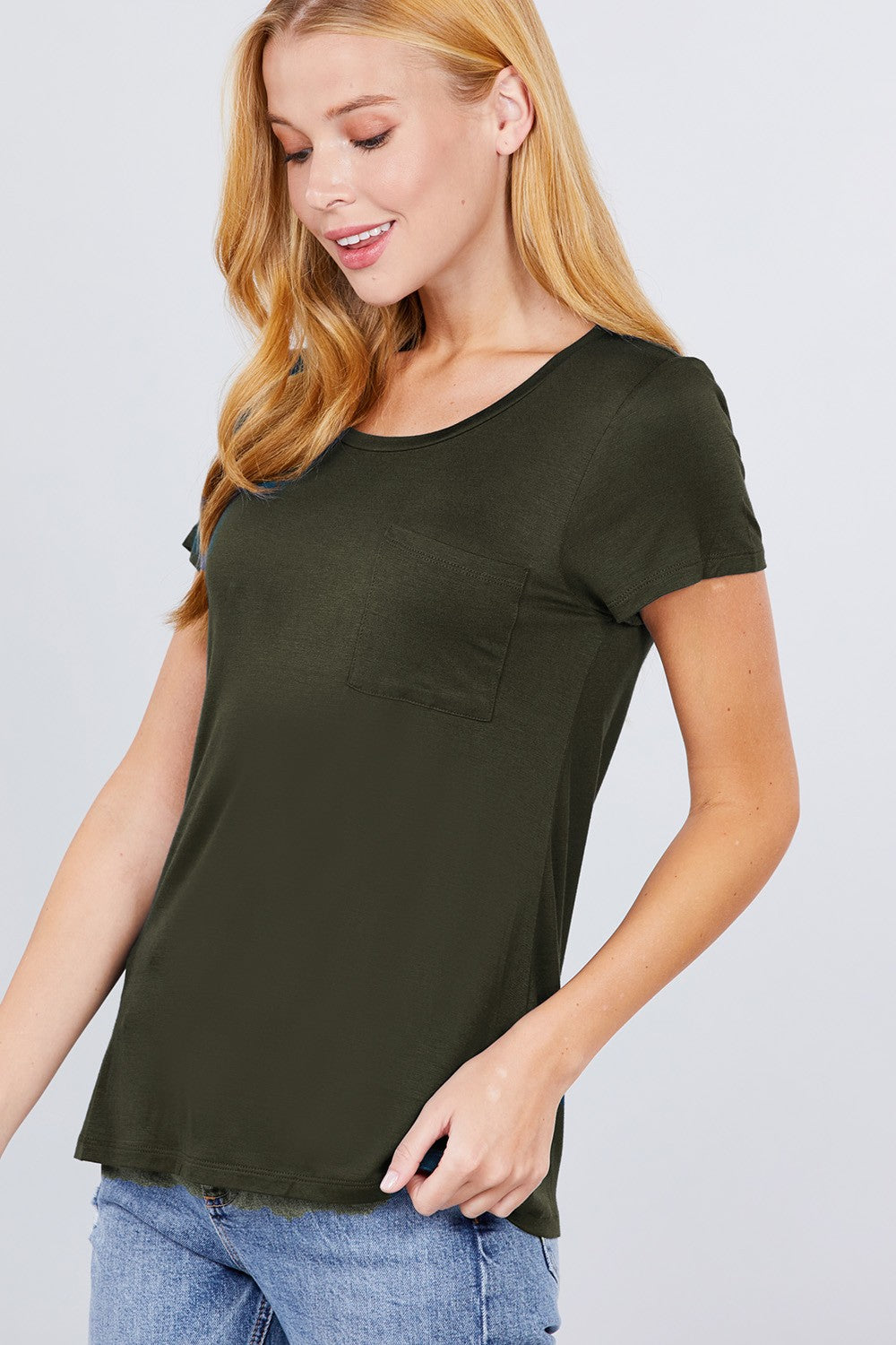 Women's Short Sleeve Round Scoop Neck Top T-Shirt Tee Pocket - Burnt Olive Green